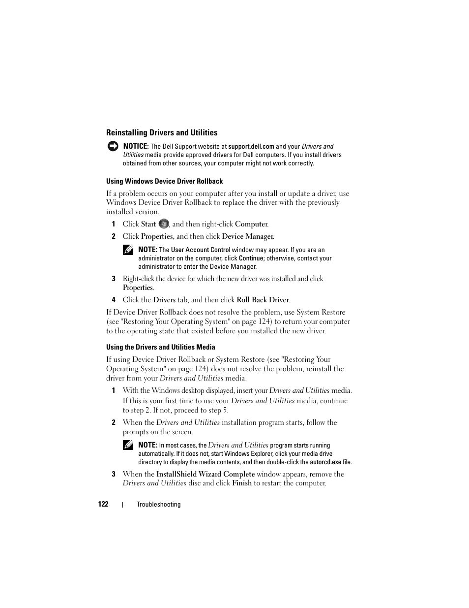 Reinstalling drivers and utilities, See "reinstalling drivers and, See "reinstalling drivers and utilities" on | See "reinstalling drivers and utilities | Dell Inspiron 1420 (Mid 2007) User Manual | Page 122 / 210