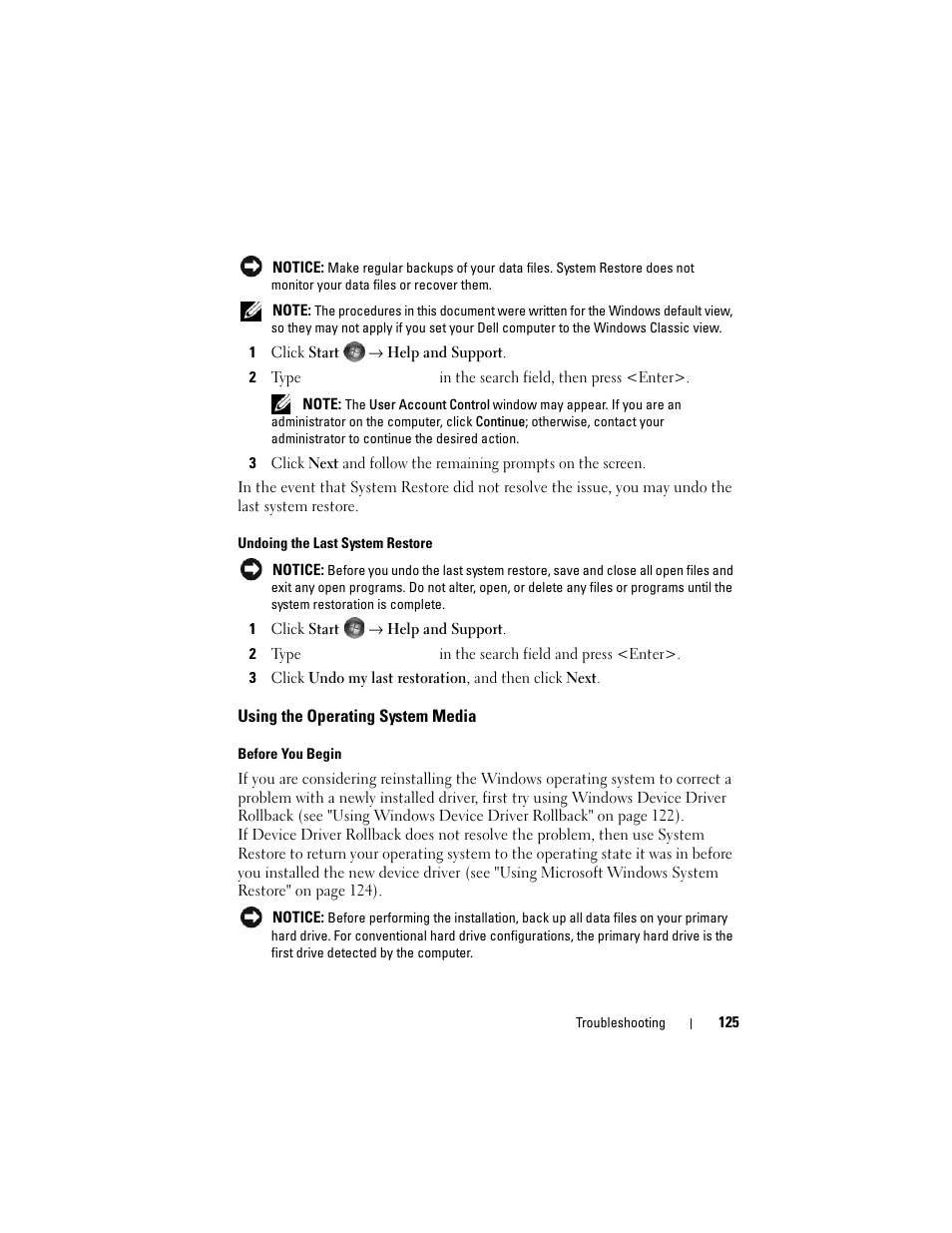 Using the operating system media | Dell Inspiron 1420 (Mid 2007) User Manual | Page 125 / 210