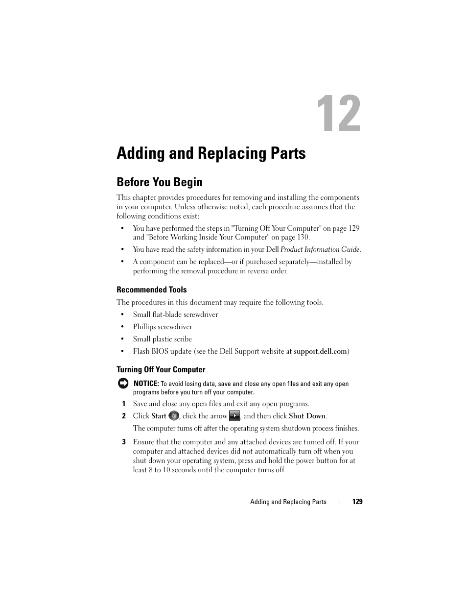 Adding and replacing parts, Before you begin, Recommended tools | Turning off your computer | Dell Inspiron 1420 (Mid 2007) User Manual | Page 129 / 210