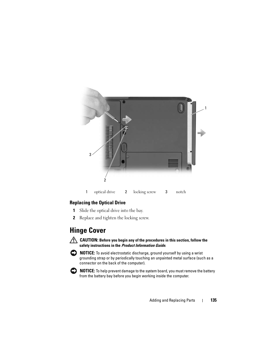 Replacing the optical drive, Hinge cover | Dell Inspiron 1420 (Mid 2007) User Manual | Page 135 / 210