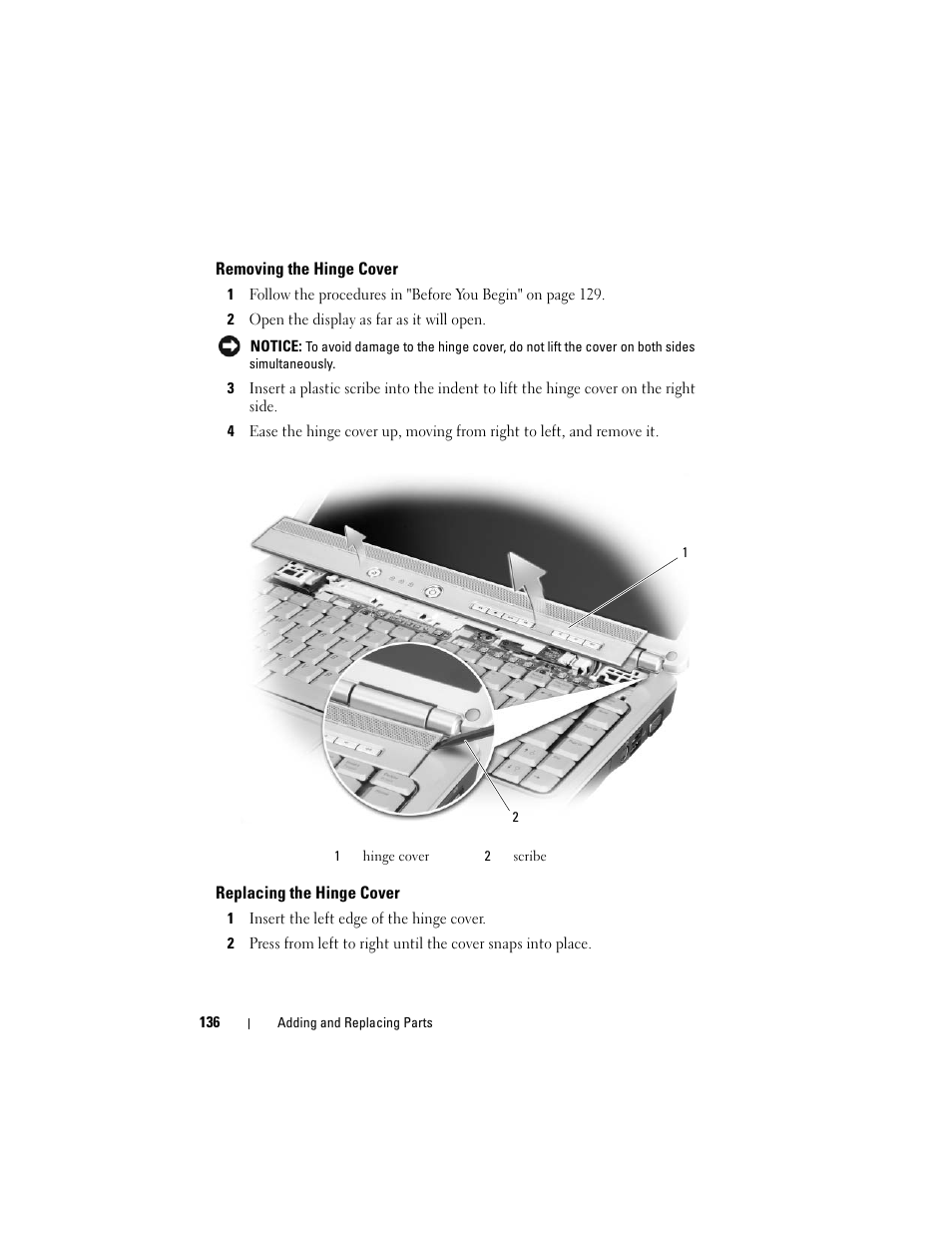 Removing the hinge cover, Replacing the hinge cover | Dell Inspiron 1420 (Mid 2007) User Manual | Page 136 / 210