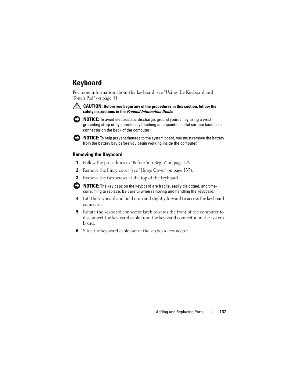 Keyboard, Removing the keyboard | Dell Inspiron 1420 (Mid 2007) User Manual | Page 137 / 210