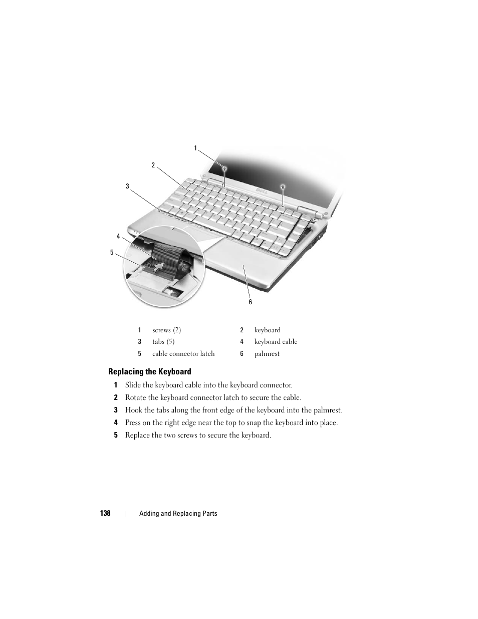 Replacing the keyboard | Dell Inspiron 1420 (Mid 2007) User Manual | Page 138 / 210