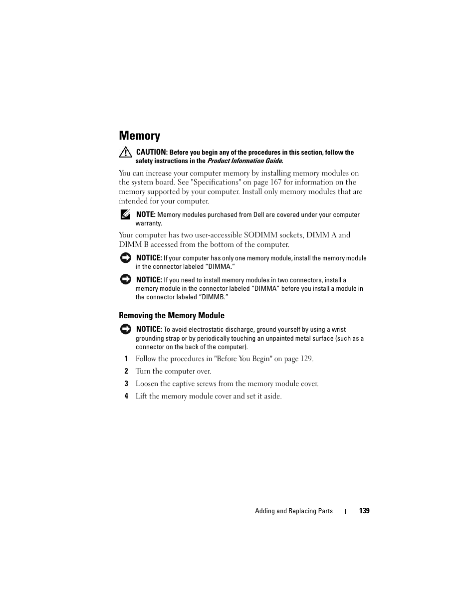 Memory, Removing the memory module | Dell Inspiron 1420 (Mid 2007) User Manual | Page 139 / 210