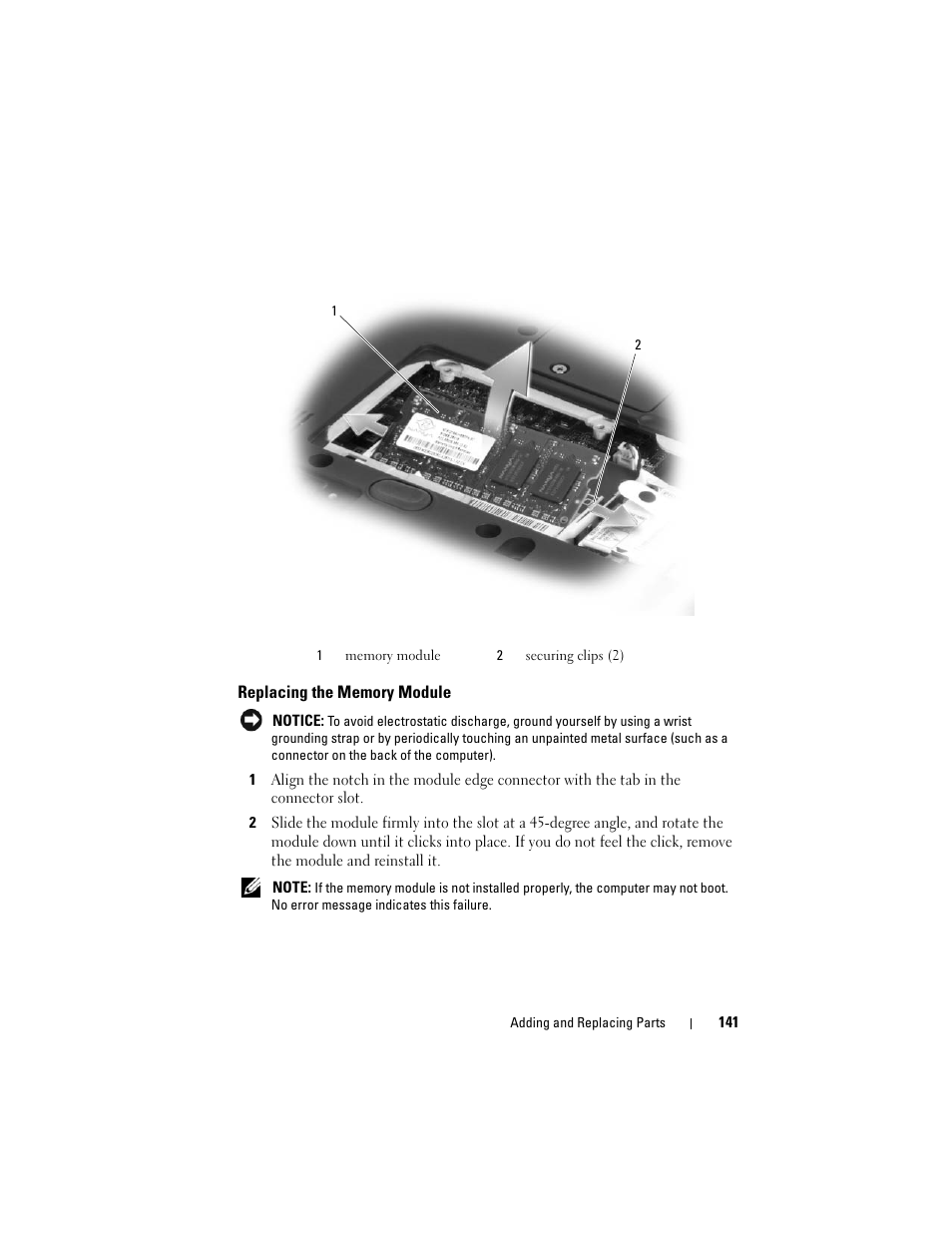 Replacing the memory module | Dell Inspiron 1420 (Mid 2007) User Manual | Page 141 / 210