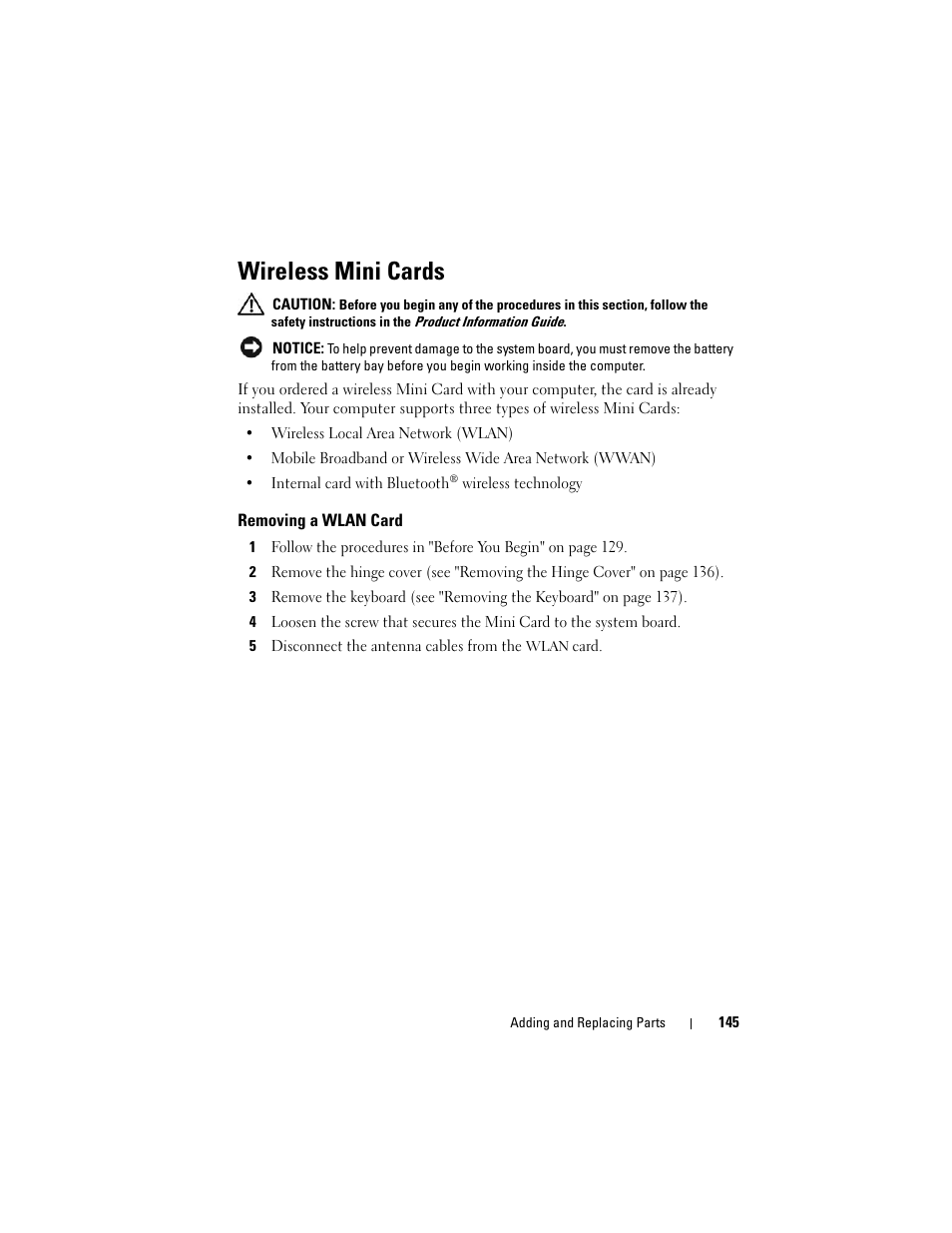 Wireless mini cards, Removing a wlan card | Dell Inspiron 1420 (Mid 2007) User Manual | Page 145 / 210