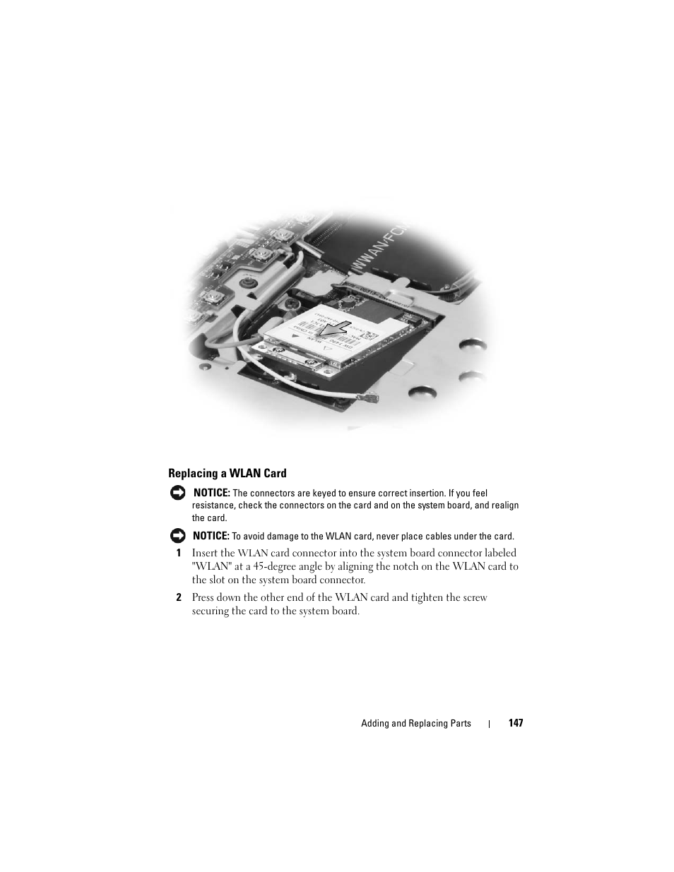 Replacing a wlan card | Dell Inspiron 1420 (Mid 2007) User Manual | Page 147 / 210