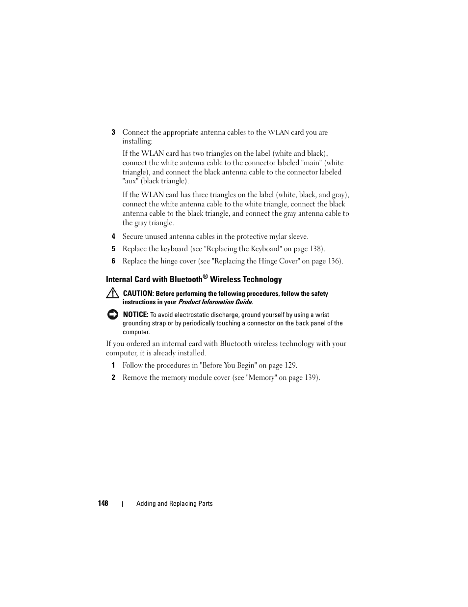 Internal card with bluetooth® wireless technology, Internal card with bluetooth | Dell Inspiron 1420 (Mid 2007) User Manual | Page 148 / 210