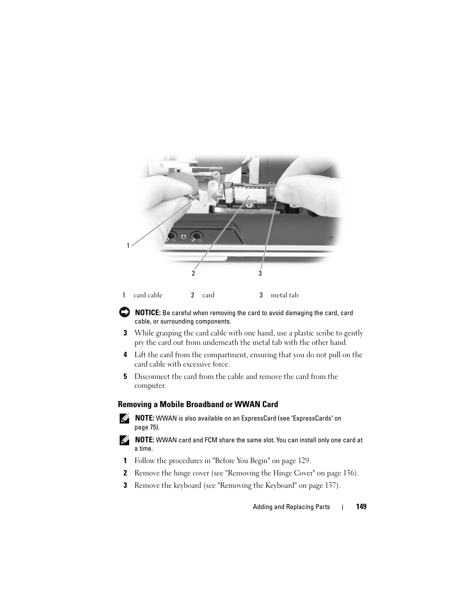 Removing a mobile broadband or wwan card | Dell Inspiron 1420 (Mid 2007) User Manual | Page 149 / 210