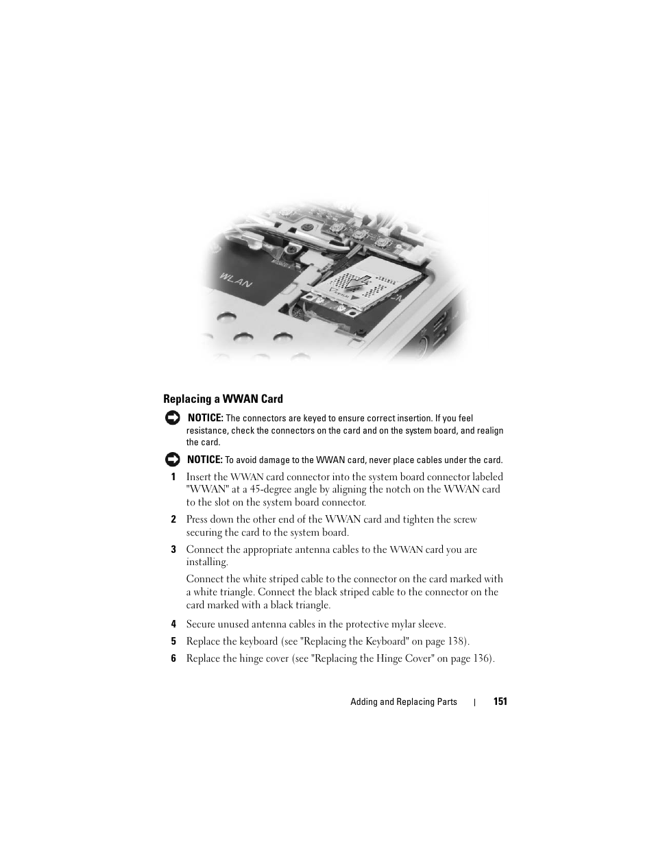 Replacing a wwan card | Dell Inspiron 1420 (Mid 2007) User Manual | Page 151 / 210