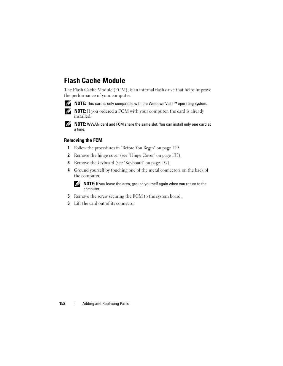 Flash cache module, Removing the fcm | Dell Inspiron 1420 (Mid 2007) User Manual | Page 152 / 210