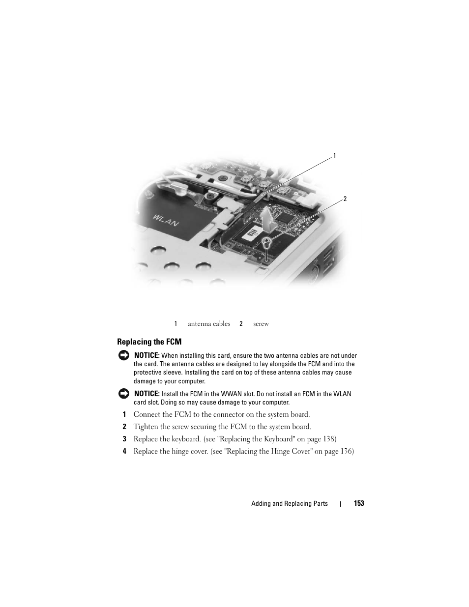 Replacing the fcm | Dell Inspiron 1420 (Mid 2007) User Manual | Page 153 / 210