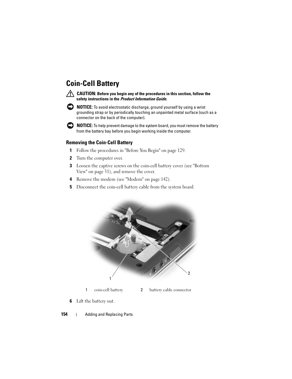 Coin-cell battery, Removing the coin-cell battery | Dell Inspiron 1420 (Mid 2007) User Manual | Page 154 / 210