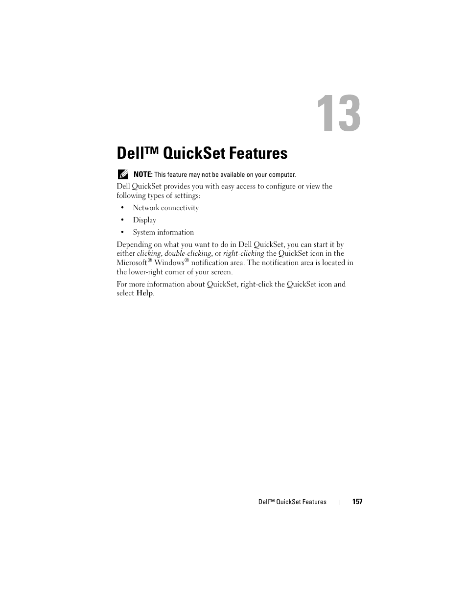 Dell™ quickset features | Dell Inspiron 1420 (Mid 2007) User Manual | Page 157 / 210