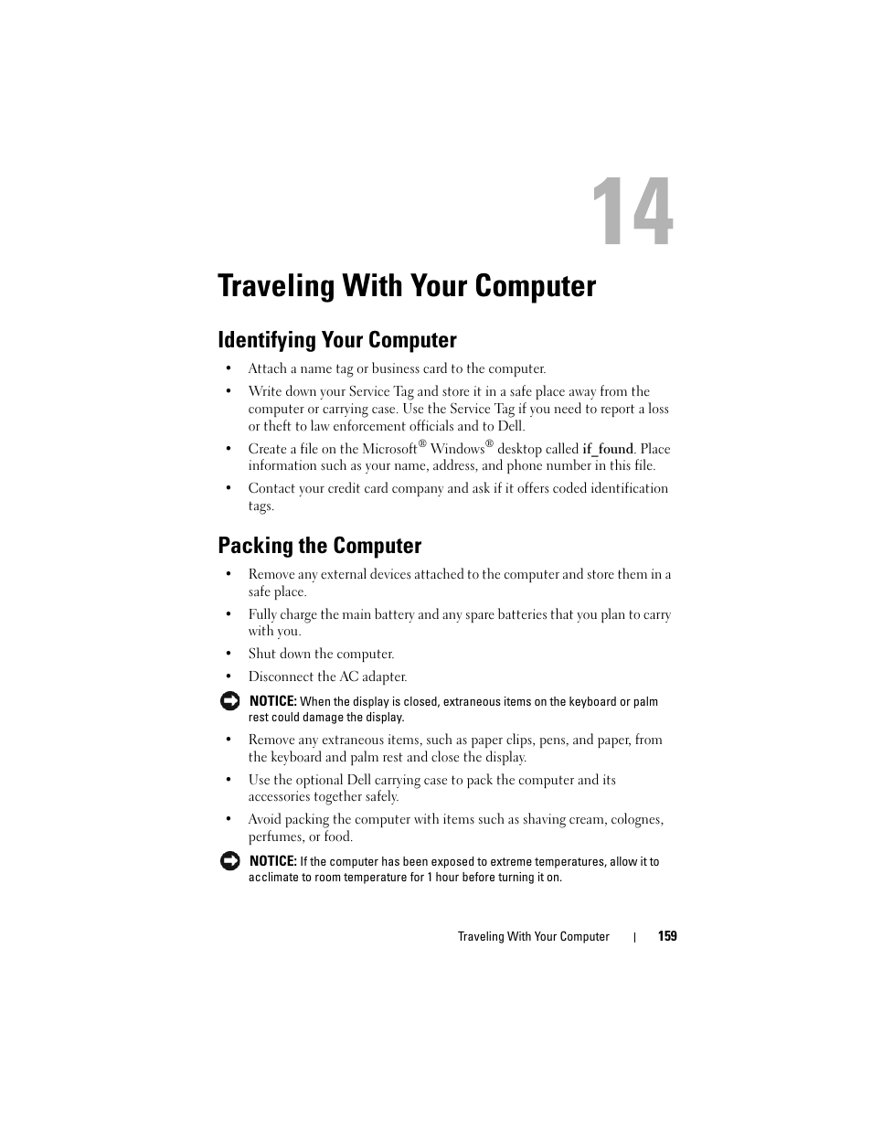 Traveling with your computer, Identifying your computer, Packing the computer | Dell Inspiron 1420 (Mid 2007) User Manual | Page 159 / 210