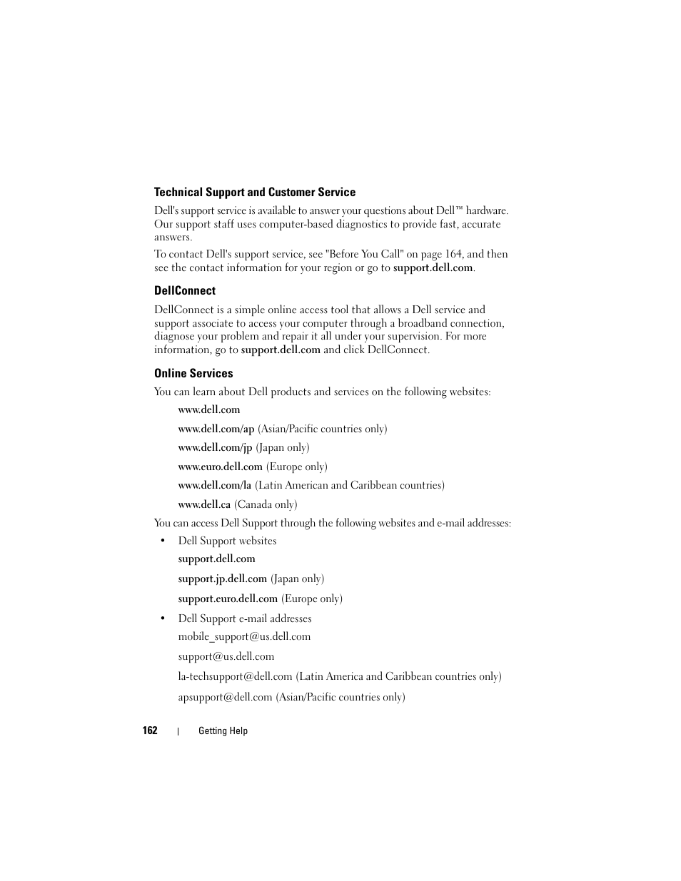 Technical support and customer service, Dellconnect, Online services | Dell Inspiron 1420 (Mid 2007) User Manual | Page 162 / 210