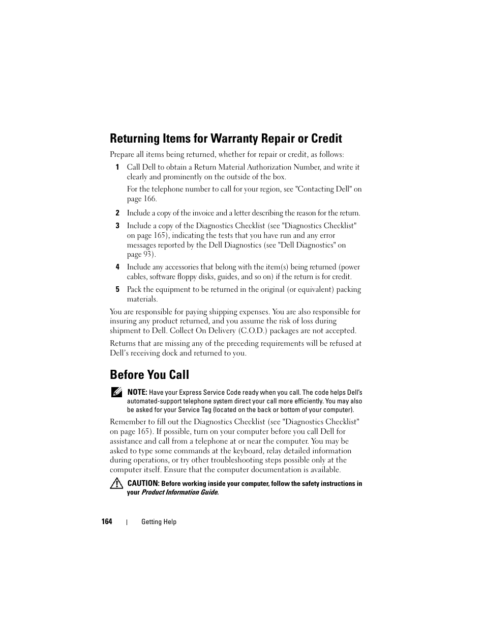 Returning items for warranty repair or credit, Before you call | Dell Inspiron 1420 (Mid 2007) User Manual | Page 164 / 210