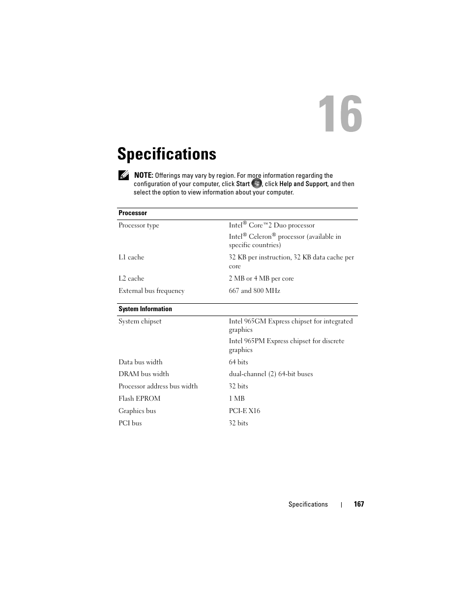 Specifications | Dell Inspiron 1420 (Mid 2007) User Manual | Page 167 / 210