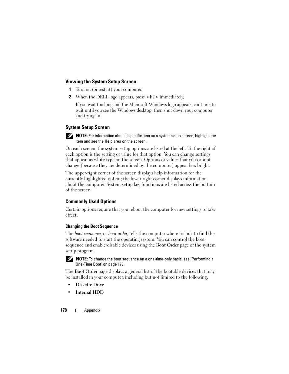 Viewing the system setup screen, System setup screen, Commonly used options | Dell Inspiron 1420 (Mid 2007) User Manual | Page 178 / 210