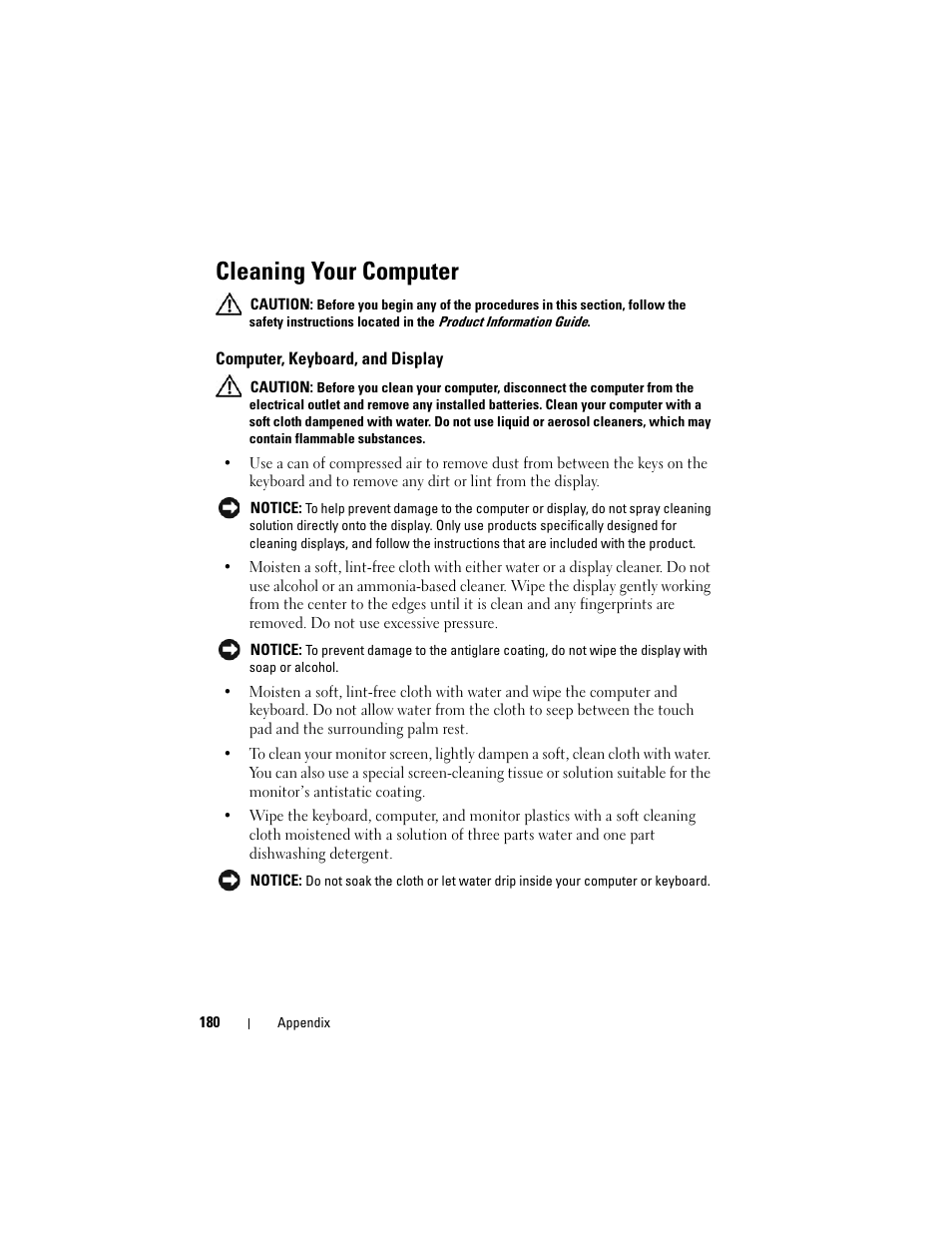 Cleaning your computer, Computer, keyboard, and display | Dell Inspiron 1420 (Mid 2007) User Manual | Page 180 / 210