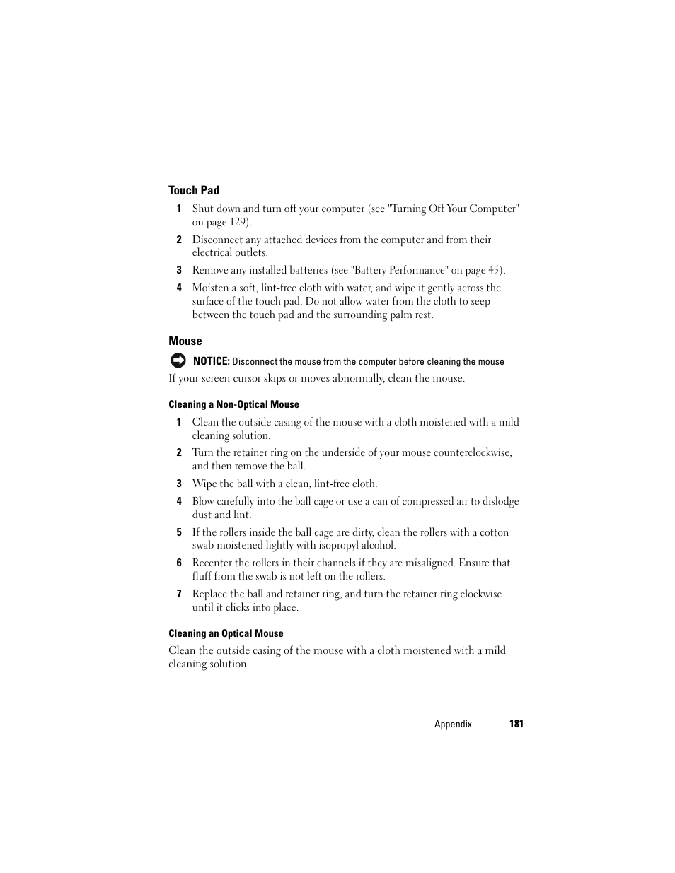 Touch pad, Mouse | Dell Inspiron 1420 (Mid 2007) User Manual | Page 181 / 210