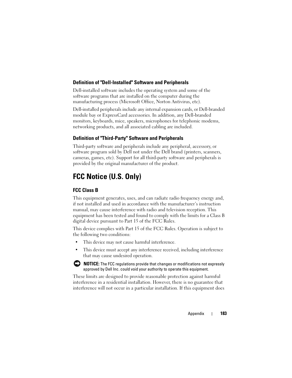 Fcc notice (u.s. only), Fcc class b | Dell Inspiron 1420 (Mid 2007) User Manual | Page 183 / 210