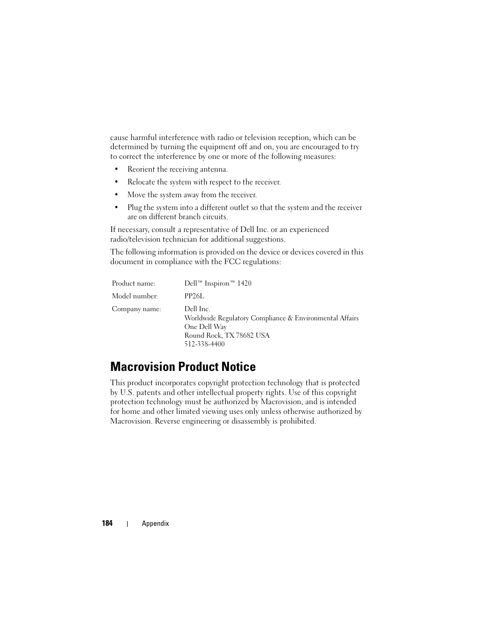 Macrovision product notice | Dell Inspiron 1420 (Mid 2007) User Manual | Page 184 / 210