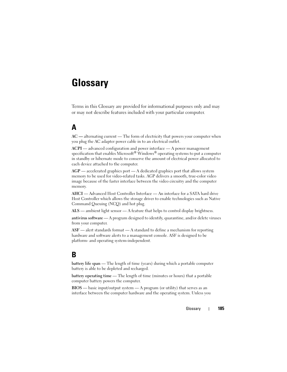 Glossary | Dell Inspiron 1420 (Mid 2007) User Manual | Page 185 / 210