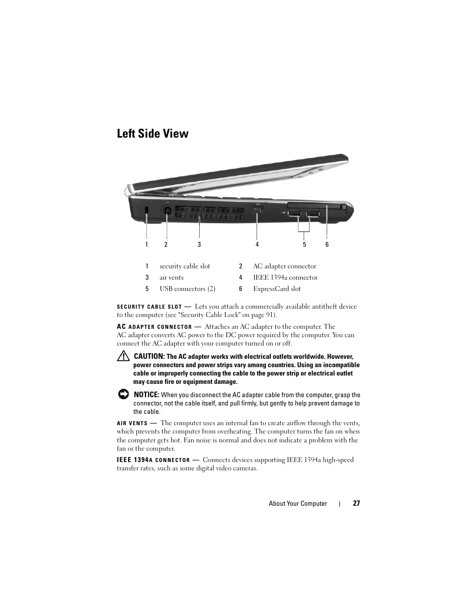 Left side view | Dell Inspiron 1420 (Mid 2007) User Manual | Page 27 / 210