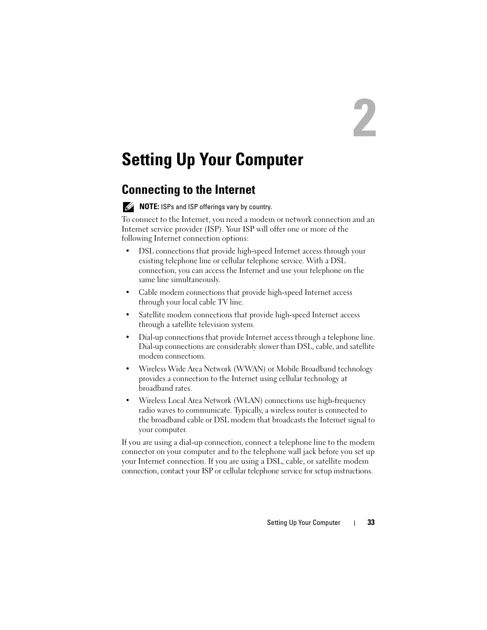 Setting up your computer, Connecting to the internet | Dell Inspiron 1420 (Mid 2007) User Manual | Page 33 / 210