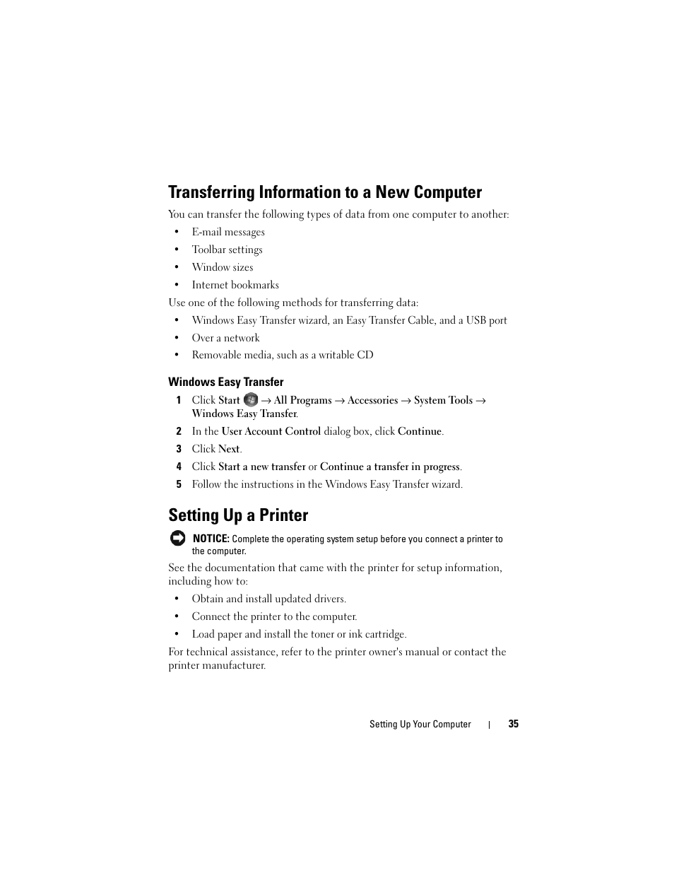 Transferring information to a new computer, Windows easy transfer, Setting up a printer | Dell Inspiron 1420 (Mid 2007) User Manual | Page 35 / 210