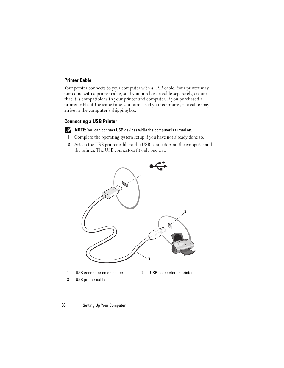 Printer cable, Connecting a usb printer | Dell Inspiron 1420 (Mid 2007) User Manual | Page 36 / 210