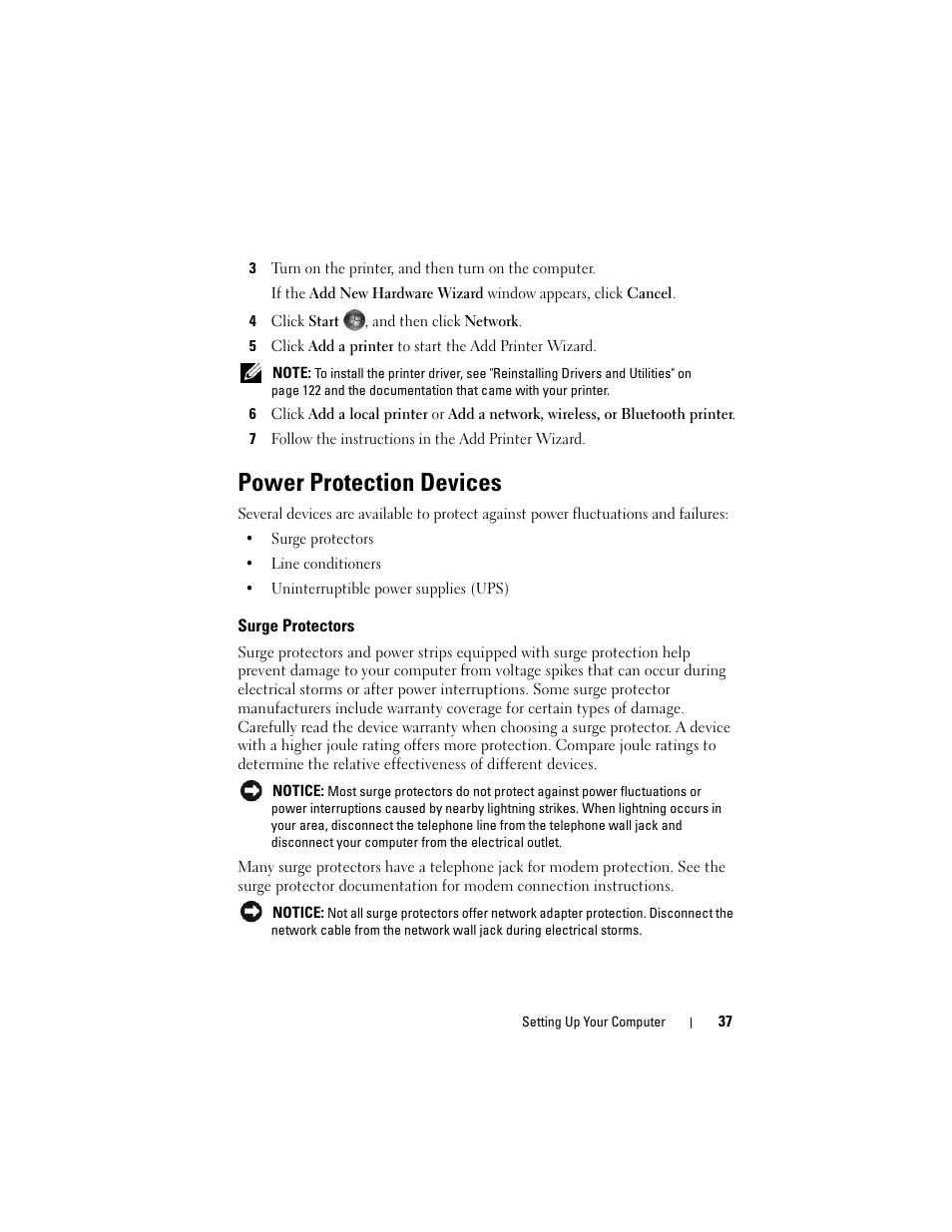 Power protection devices, Surge protectors | Dell Inspiron 1420 (Mid 2007) User Manual | Page 37 / 210