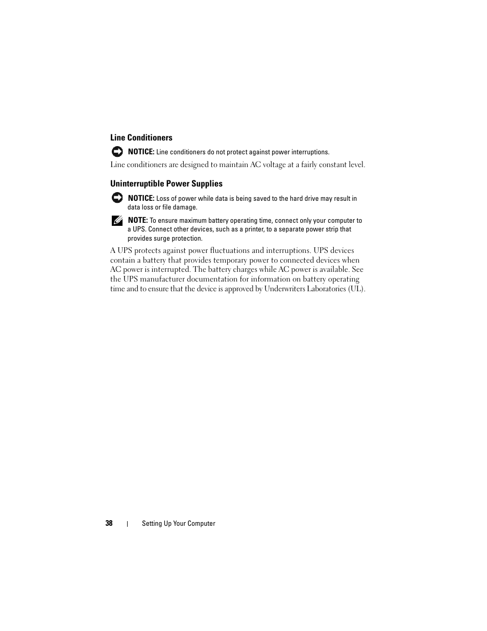 Line conditioners, Uninterruptible power supplies | Dell Inspiron 1420 (Mid 2007) User Manual | Page 38 / 210