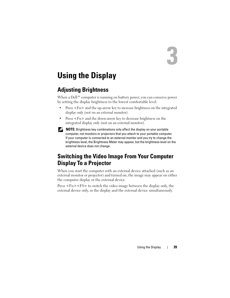 Using the display, Adjusting brightness | Dell Inspiron 1420 (Mid 2007) User Manual | Page 39 / 210