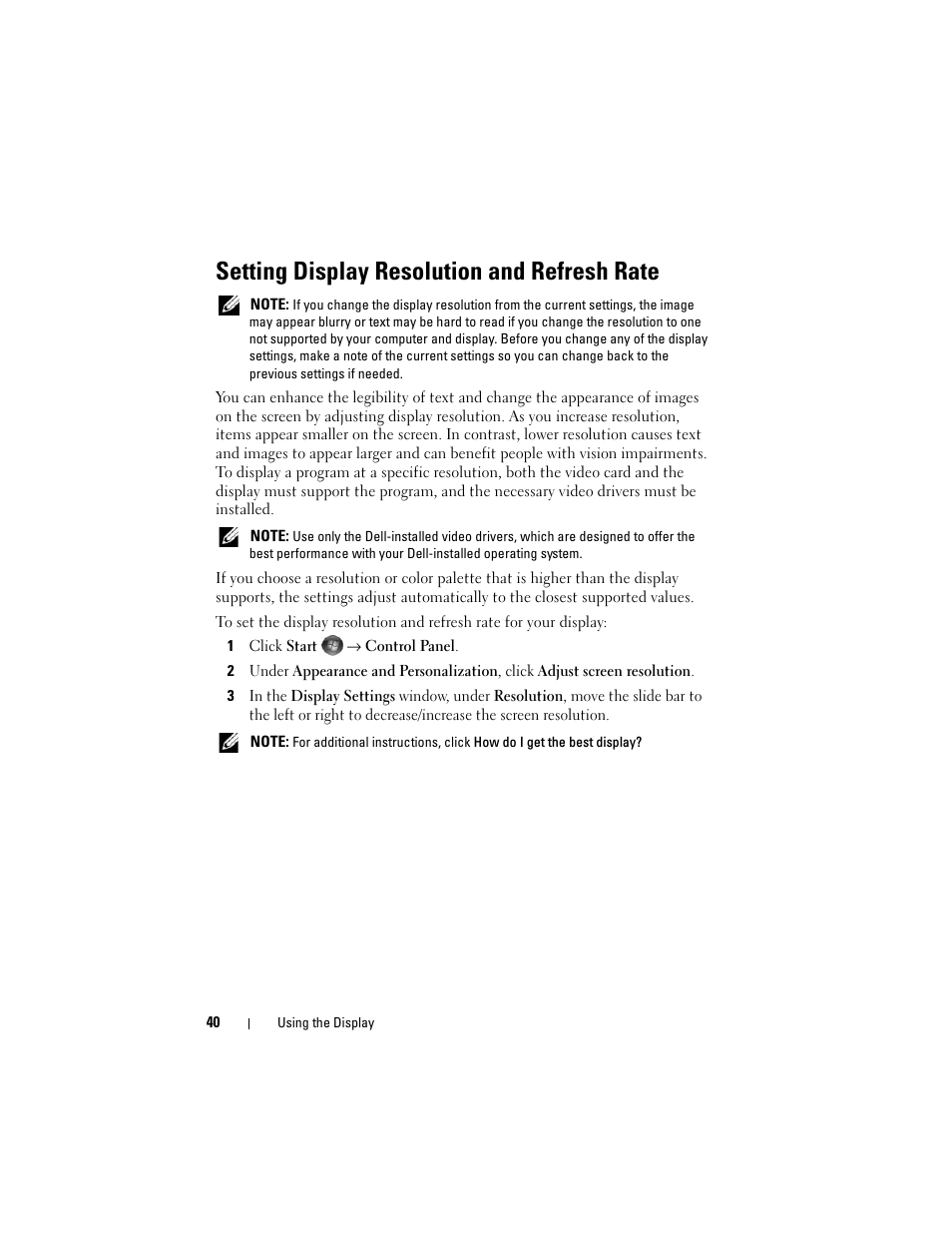 Setting display resolution and refresh rate | Dell Inspiron 1420 (Mid 2007) User Manual | Page 40 / 210