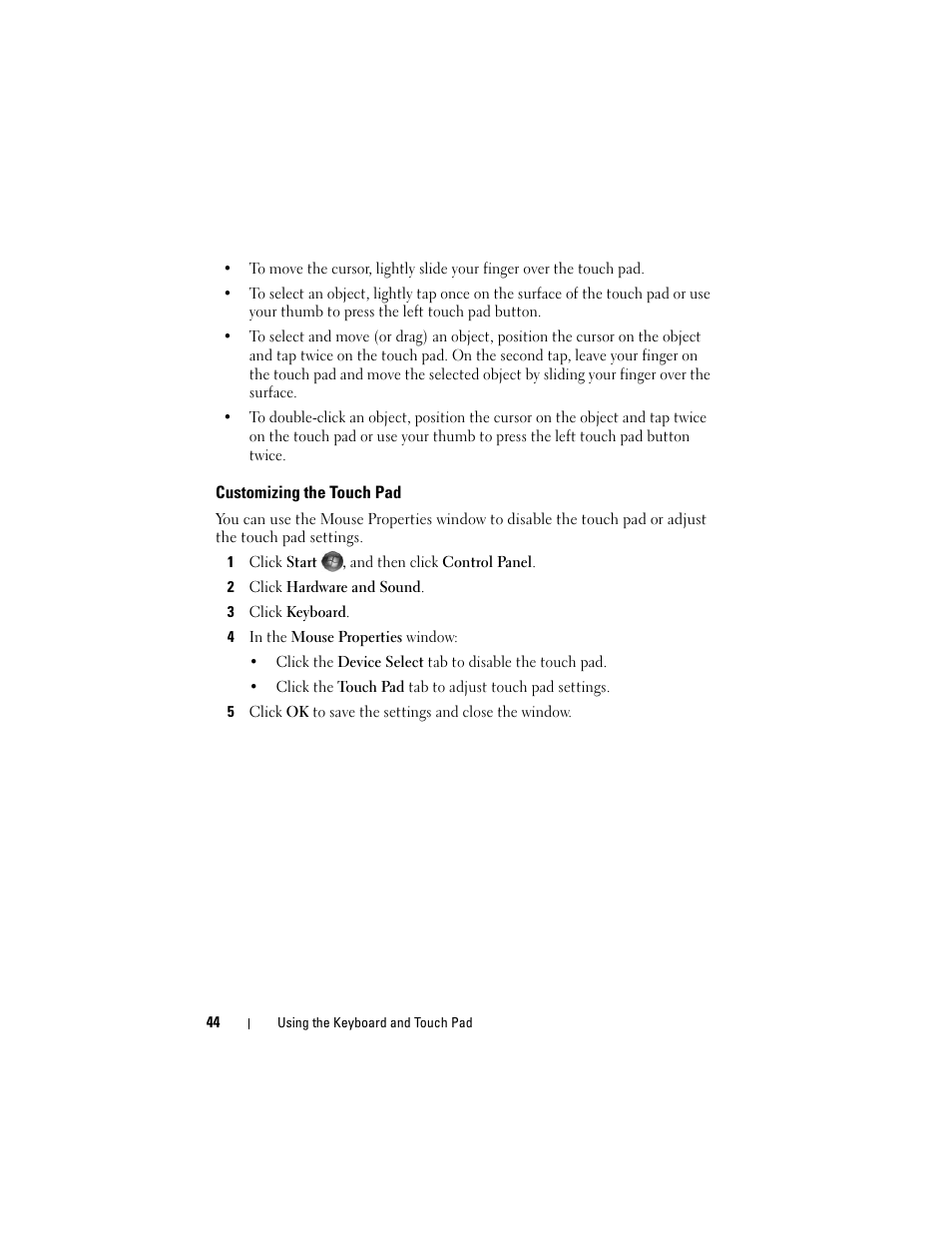 Customizing the touch pad | Dell Inspiron 1420 (Mid 2007) User Manual | Page 44 / 210