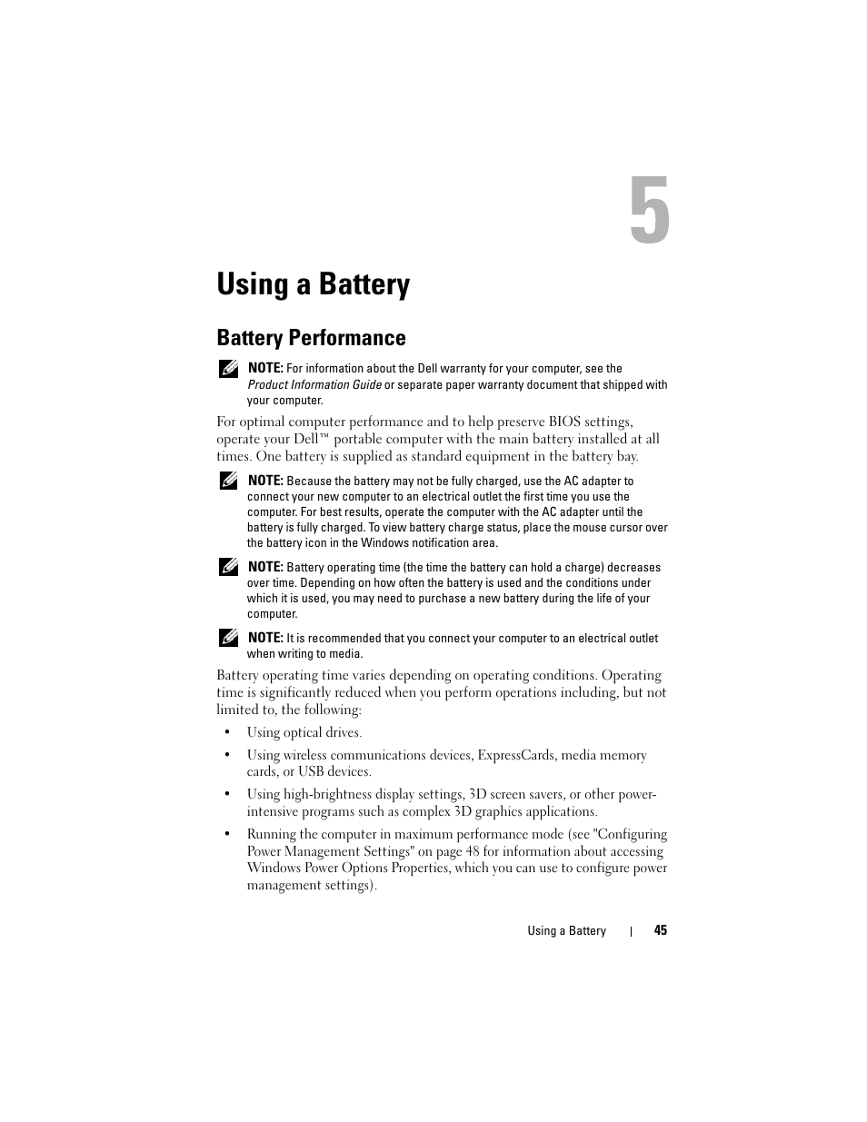 Using a battery, Battery performance | Dell Inspiron 1420 (Mid 2007) User Manual | Page 45 / 210