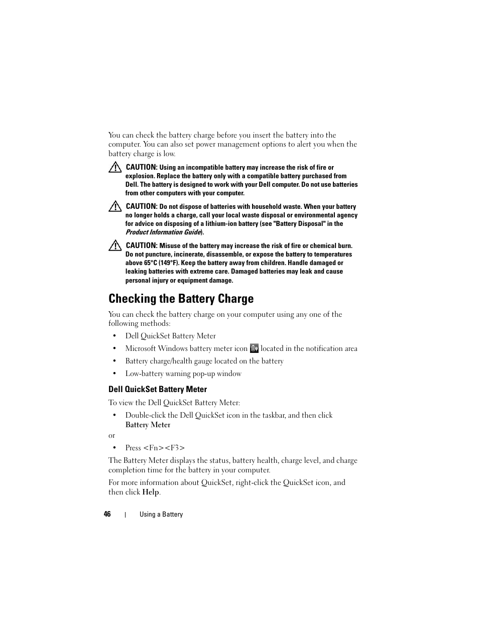 Checking the battery charge, Dell quickset battery meter | Dell Inspiron 1420 (Mid 2007) User Manual | Page 46 / 210