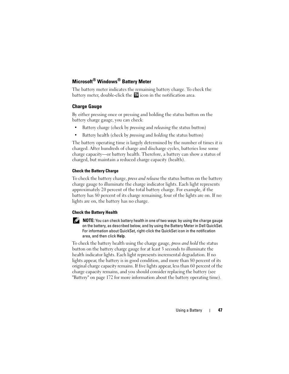 Microsoft® windows® battery meter, Charge gauge, Microsoft | Dell Inspiron 1420 (Mid 2007) User Manual | Page 47 / 210