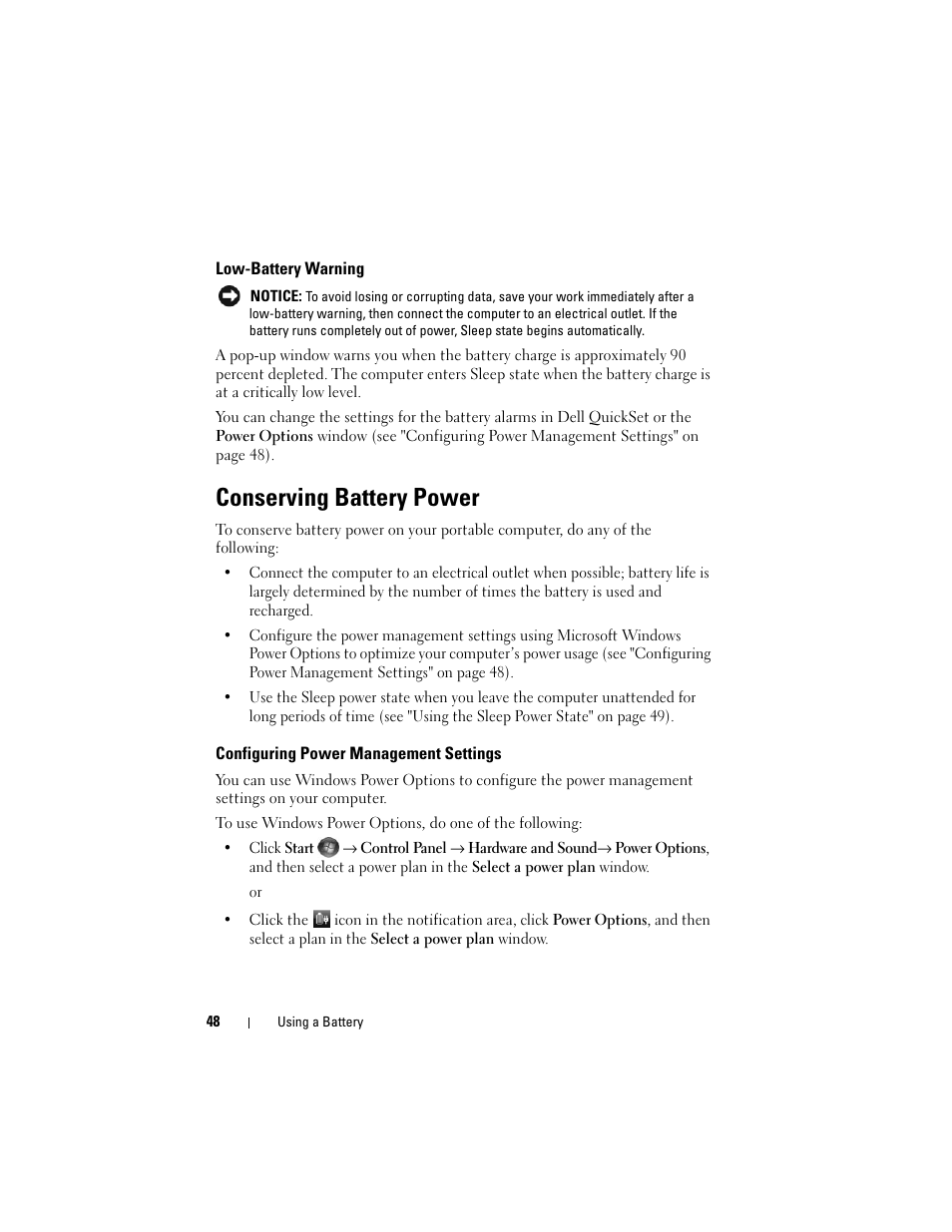 Low-battery warning, Conserving battery power, Configuring power management settings | Dell Inspiron 1420 (Mid 2007) User Manual | Page 48 / 210