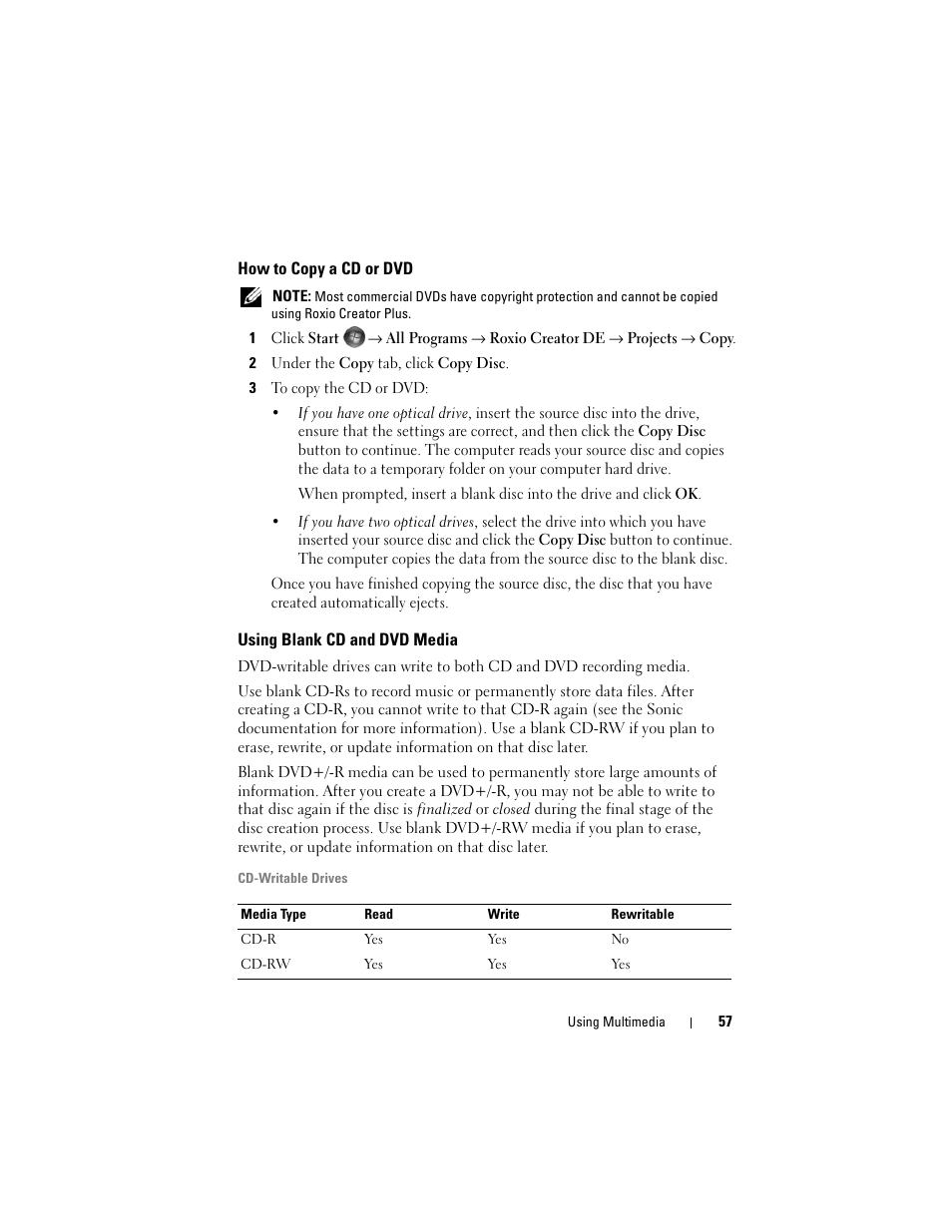 How to copy a cd or dvd, Using blank cd and dvd media | Dell Inspiron 1420 (Mid 2007) User Manual | Page 57 / 210