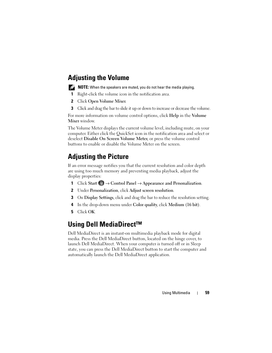 Adjusting the volume, Adjusting the picture, Using dell mediadirect | Dell Inspiron 1420 (Mid 2007) User Manual | Page 59 / 210