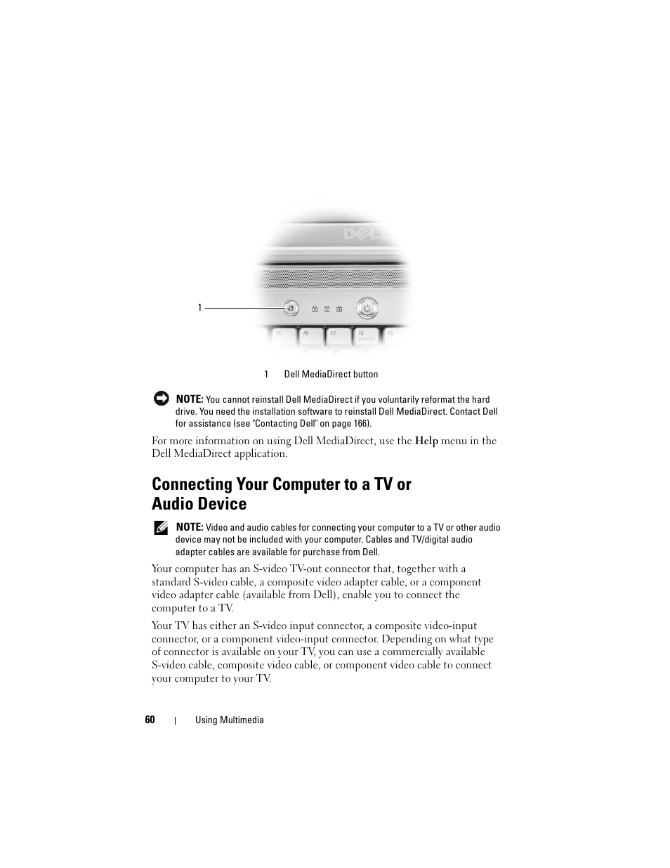 Connecting your computer to a tv or audio device | Dell Inspiron 1420 (Mid 2007) User Manual | Page 60 / 210