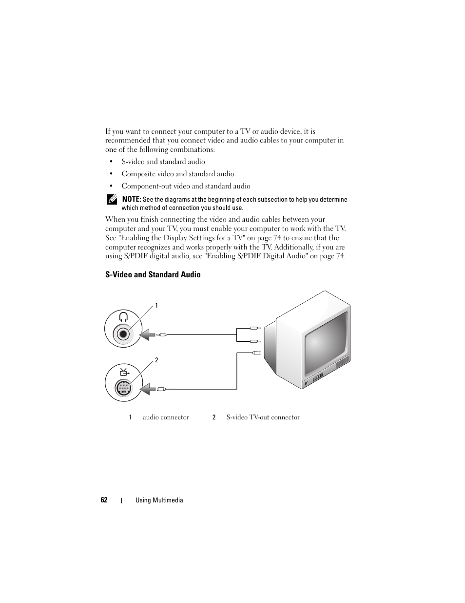 S-video and standard audio | Dell Inspiron 1420 (Mid 2007) User Manual | Page 62 / 210