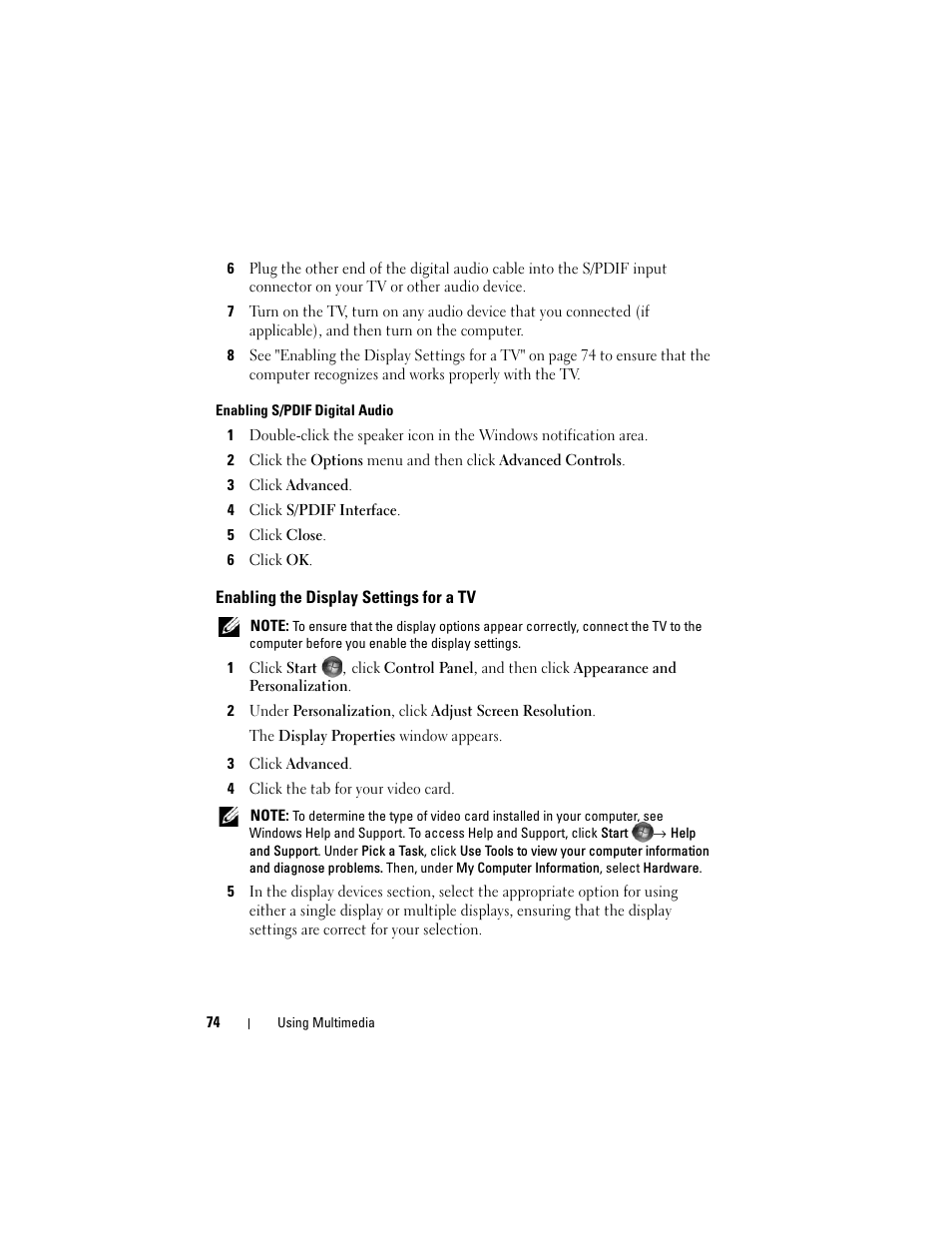 Enabling the display settings for a tv | Dell Inspiron 1420 (Mid 2007) User Manual | Page 74 / 210