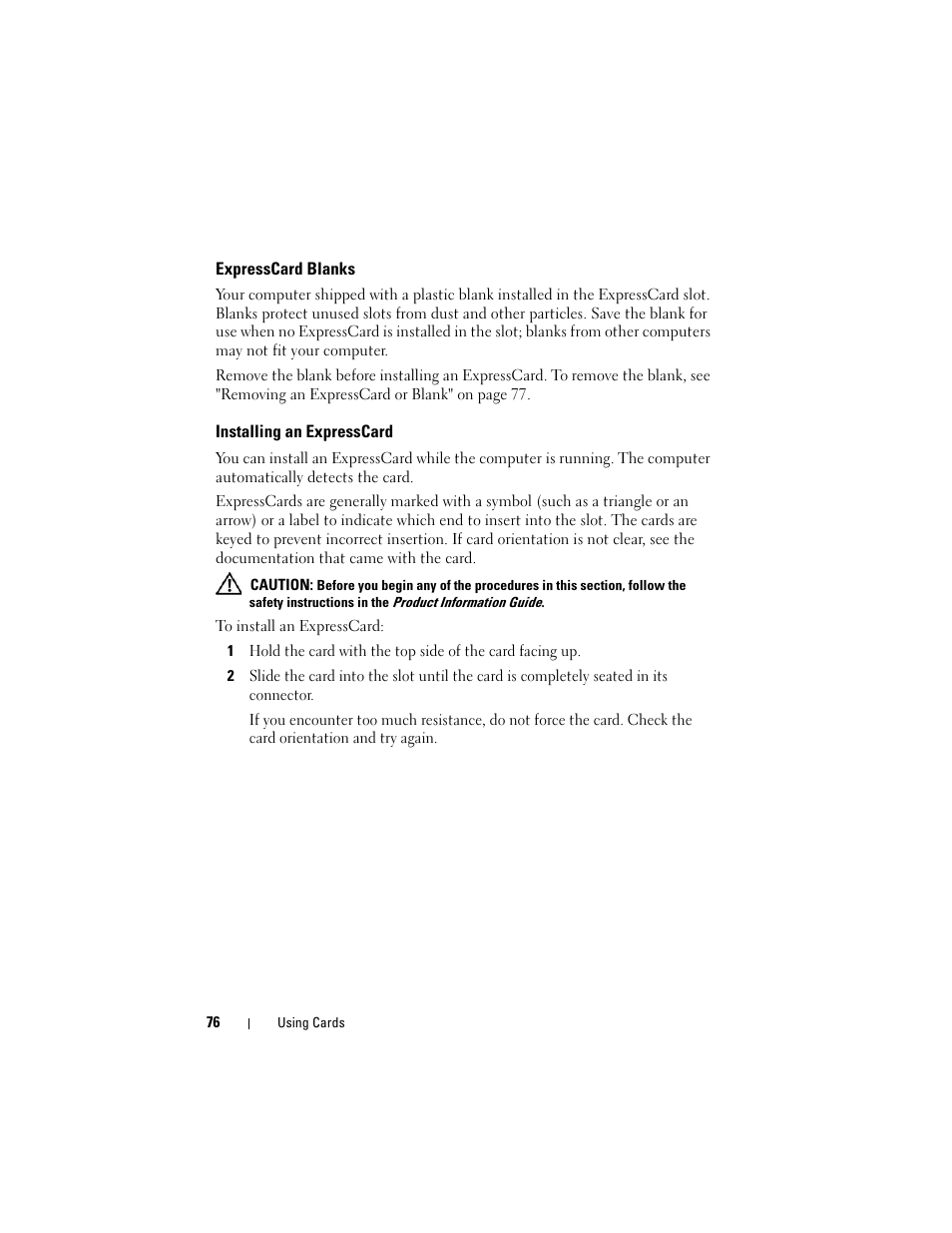 Expresscard blanks, Installing an expresscard | Dell Inspiron 1420 (Mid 2007) User Manual | Page 76 / 210