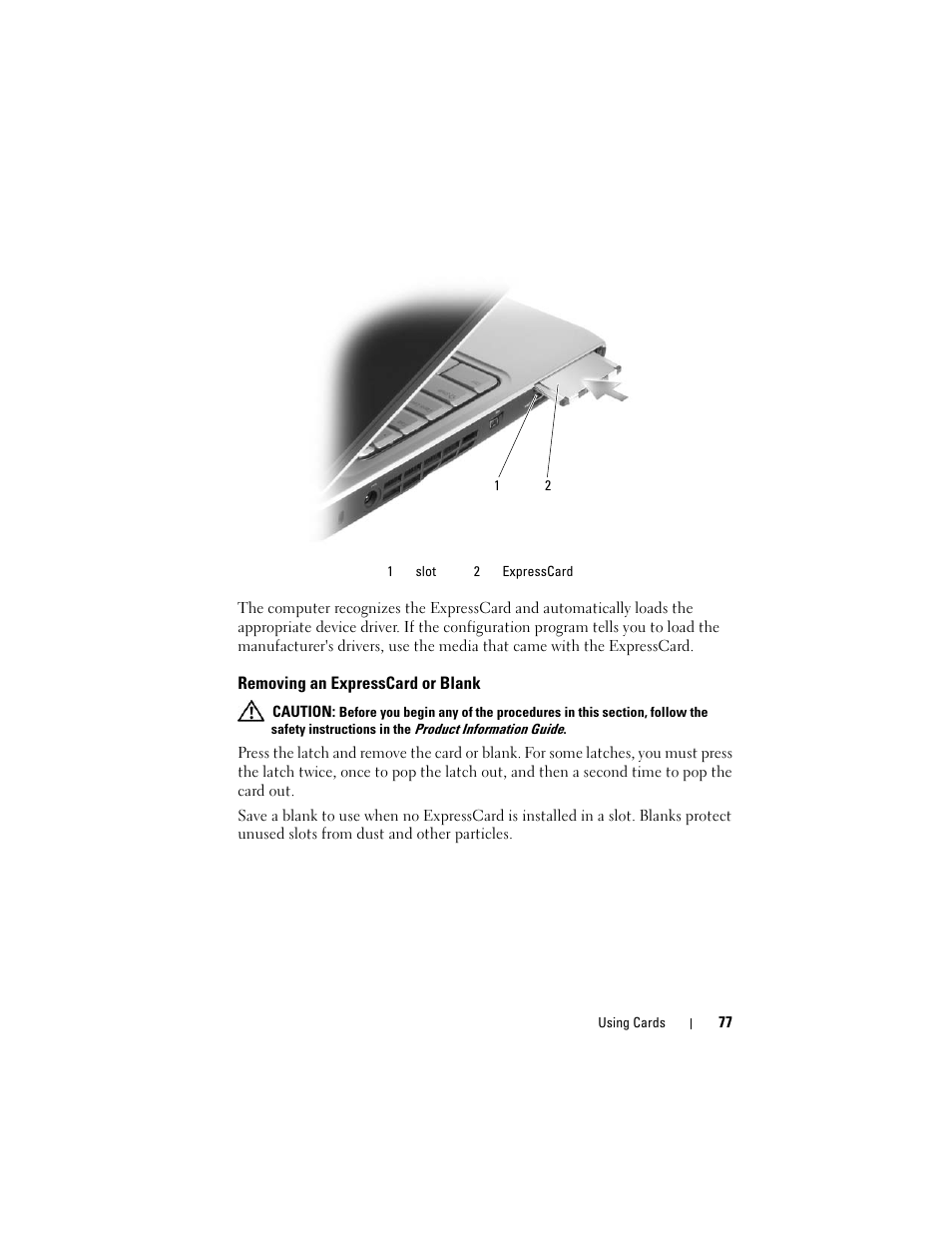 Removing an expresscard or blank | Dell Inspiron 1420 (Mid 2007) User Manual | Page 77 / 210