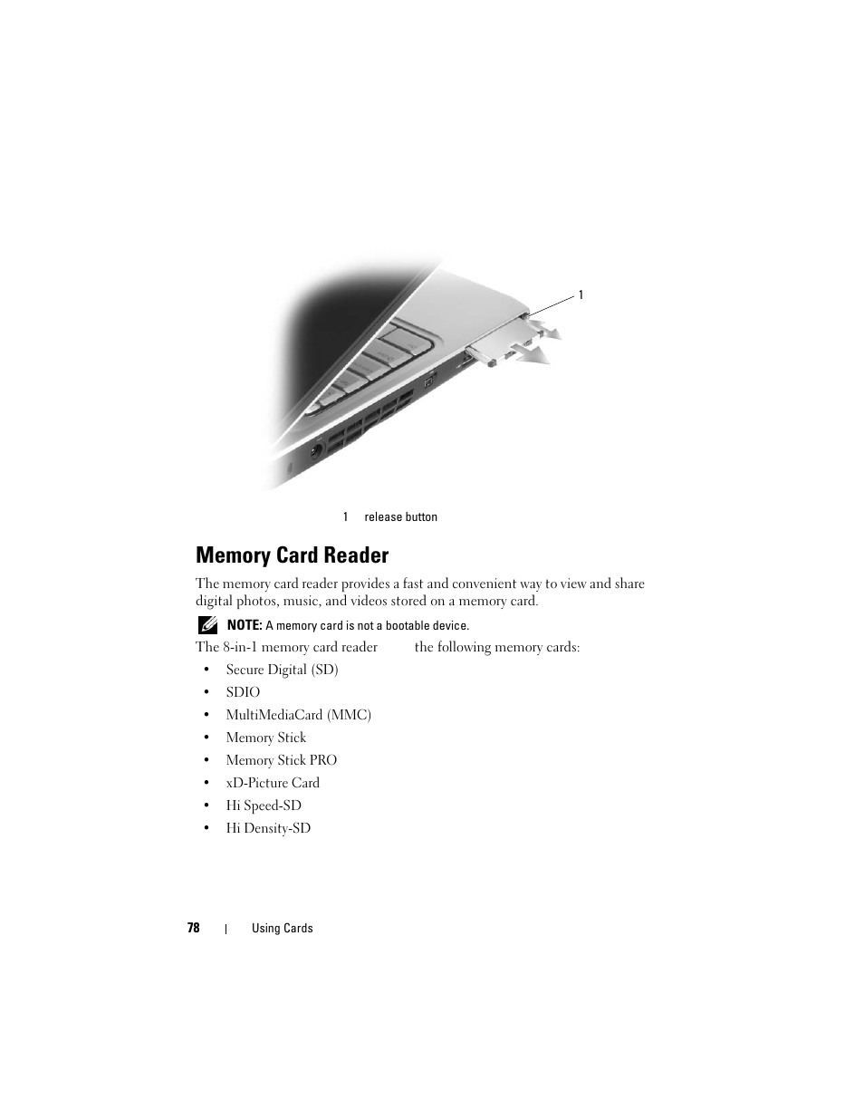 Memory card reader | Dell Inspiron 1420 (Mid 2007) User Manual | Page 78 / 210