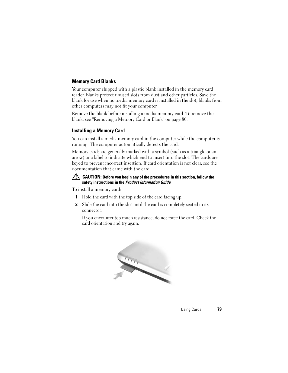 Memory card blanks, Installing a memory card | Dell Inspiron 1420 (Mid 2007) User Manual | Page 79 / 210